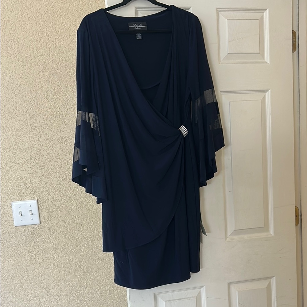 R&M Richards Navy Long Sleeve Dress with Rhinestone Accent